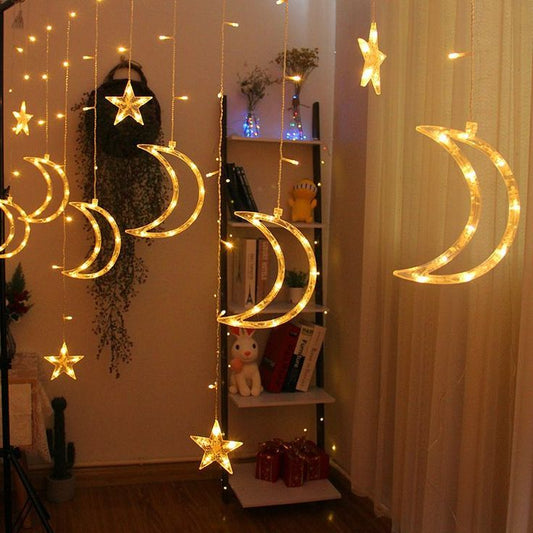 Star and Moon Curtain String Lights Ramadan Wall Decor