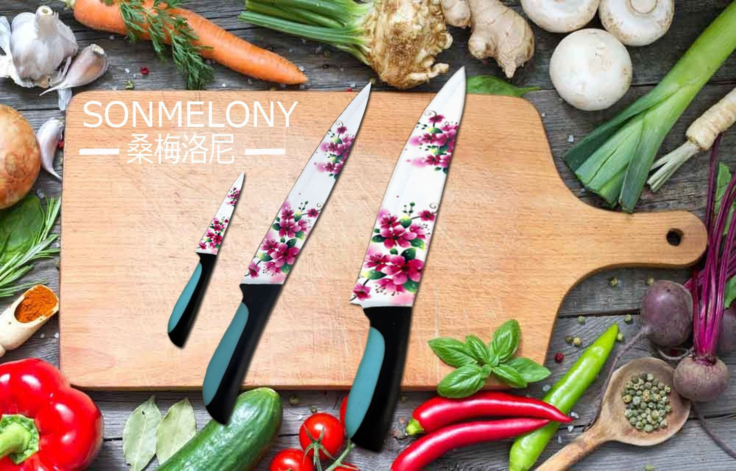 3 pcs Flower Printing Eco-friendly PP Handle Colorful Non-stick Coating Kitchen Knife Set