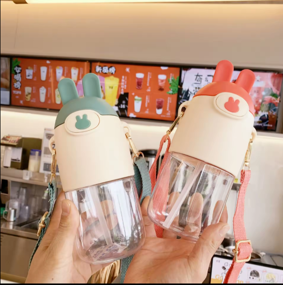 Rabbit Shape Kids' Transparent Water Bottle With Straw