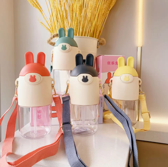 Rabbit Shape Kids' Transparent Water Bottle With Straw