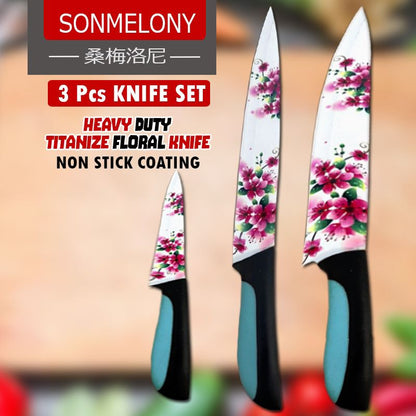 3 pcs Flower Printing Eco-friendly PP Handle Colorful Non-stick Coating Kitchen Knife Set