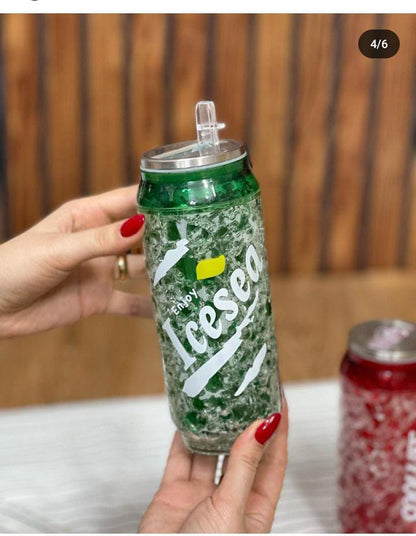 450 ml Plastic Double Layer Ice coke Bottle With Straw