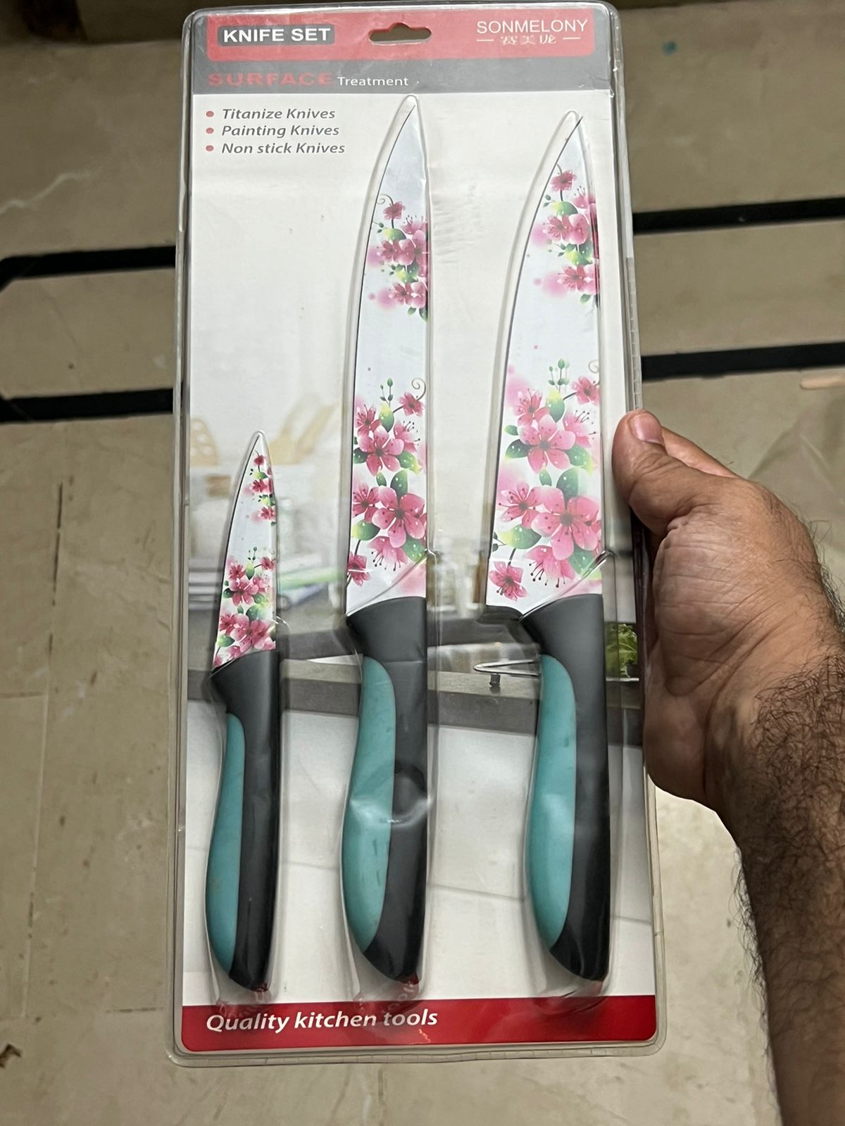 3 pcs Flower Printing Eco-friendly PP Handle Colorful Non-stick Coating Kitchen Knife Set