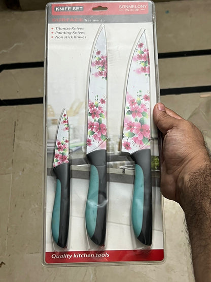 3 pcs Flower Printing Eco-friendly PP Handle Colorful Non-stick Coating Kitchen Knife Set