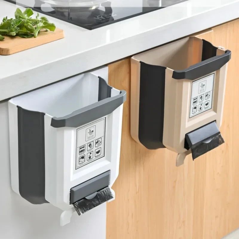 Kitchen Wall-Mounted Folding Dustbin with Garbage Bag Holder