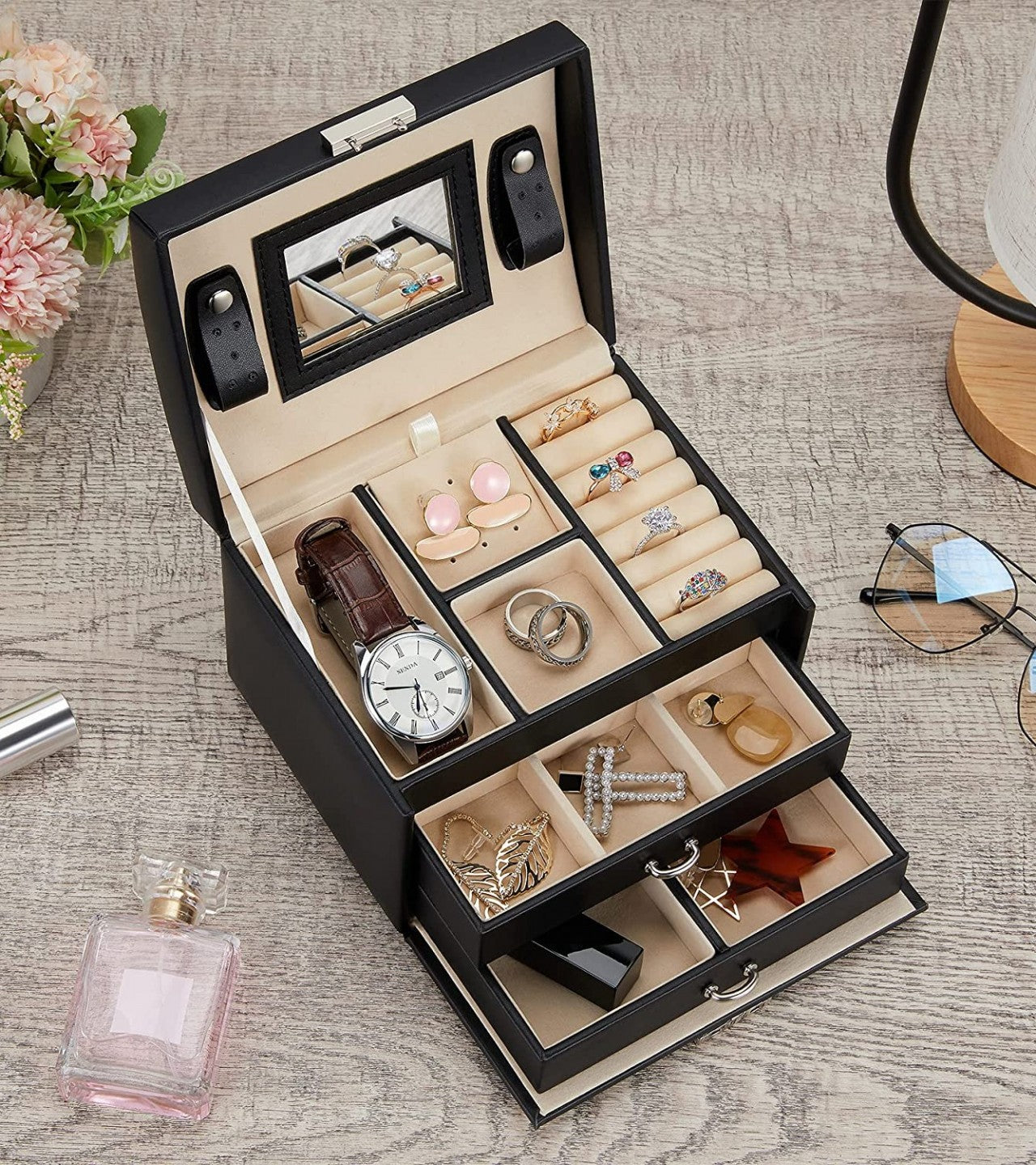 3 Layer Leather Jewelry Organizer With Mirror