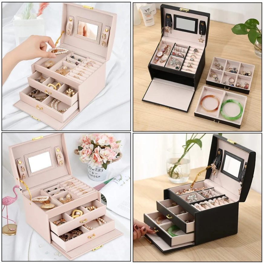 3 Layer Leather Jewelry Organizer With Mirror