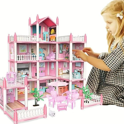 4 Storey Big Princess Dream Villa Dollhouse with FREE Dolls and Lights