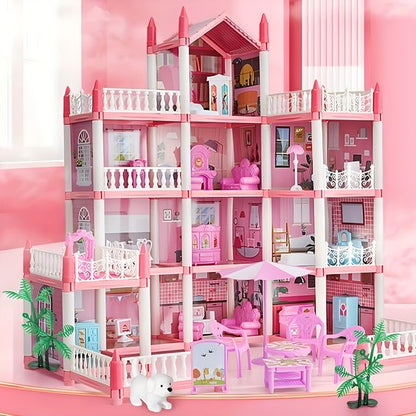 4 Storey Big Princess Dream Villa Dollhouse with FREE Dolls and Lights