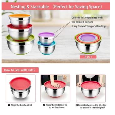 Pack of 5 Stainless Salad Bowls with Lids,