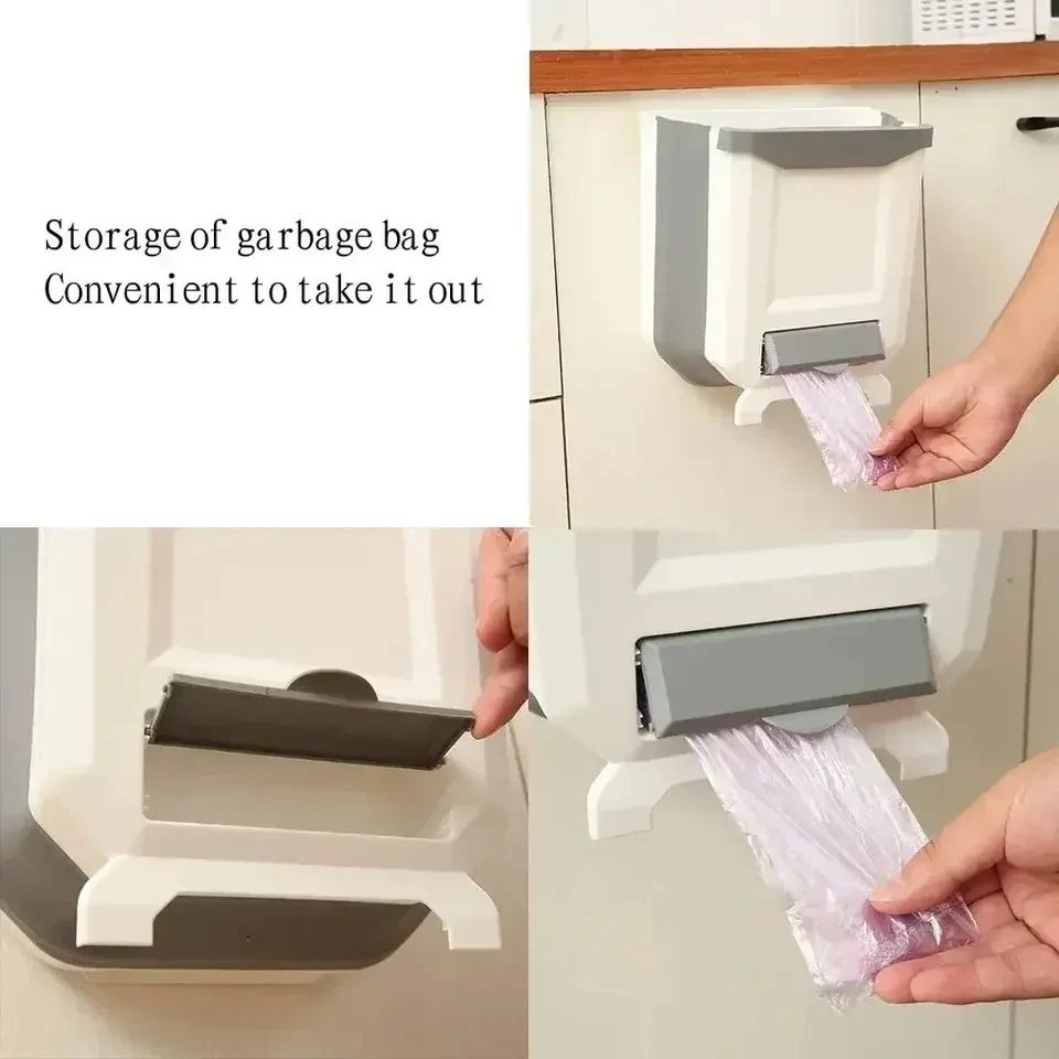 Kitchen Wall-Mounted Folding Dustbin with Garbage Bag Holder