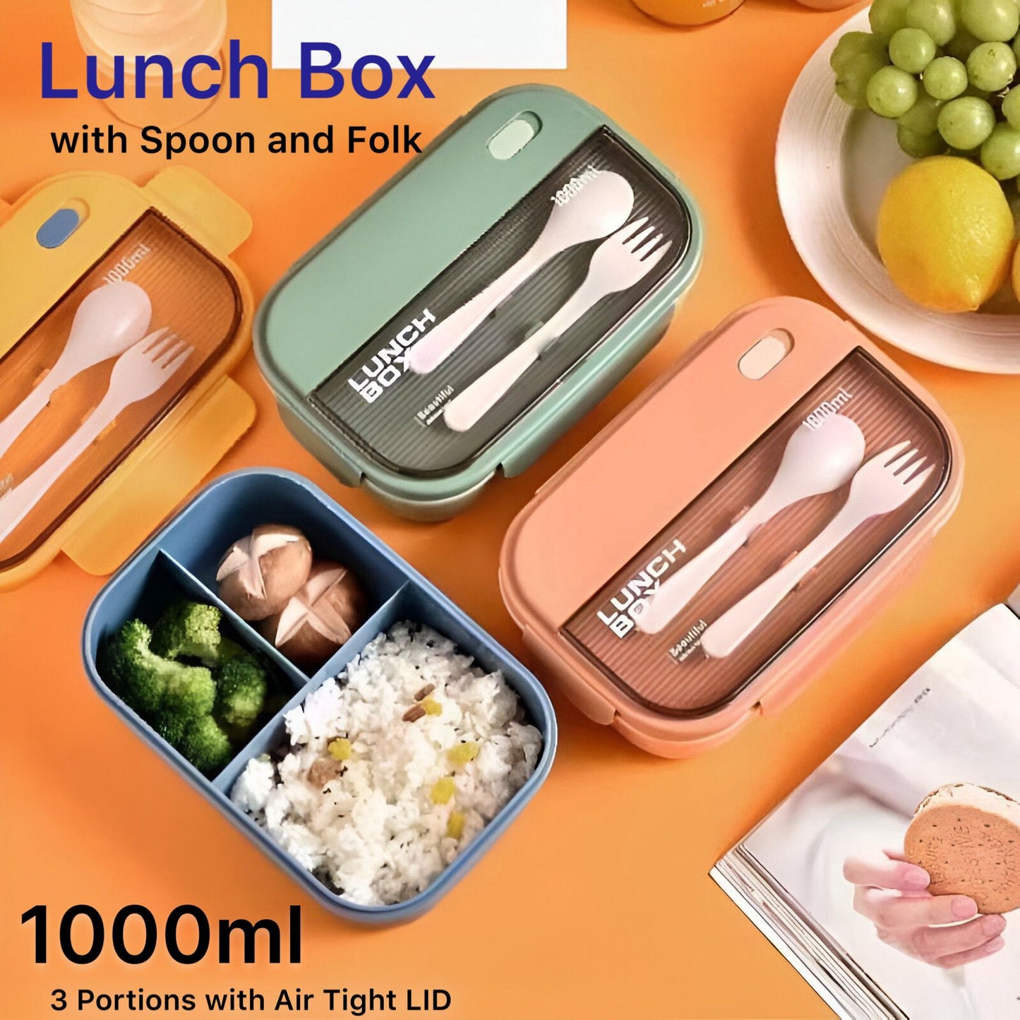 1000ML Lunch Box For Adults and Student ,3 Grids Leakproof Microwaveable Seal Bento Box With Fork & Spoon