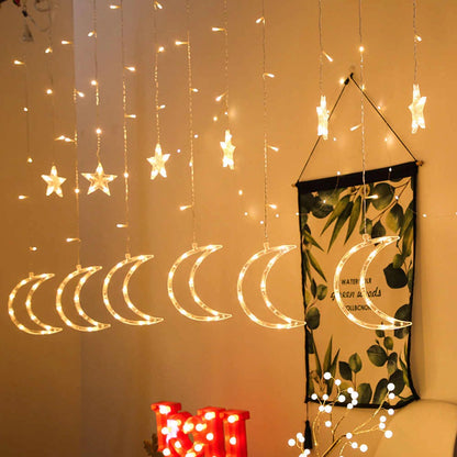 Star and Moon Curtain String Lights Ramadan Wall Decor