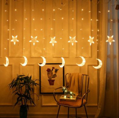 Star and Moon Curtain String Lights Ramadan Wall Decor