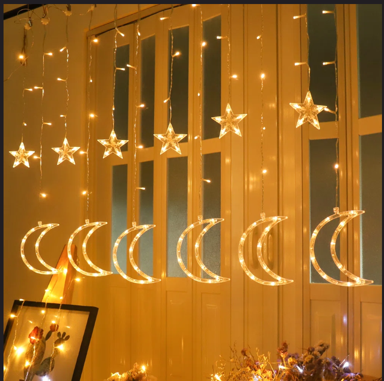 Star and Moon Curtain String Lights Ramadan Wall Decor