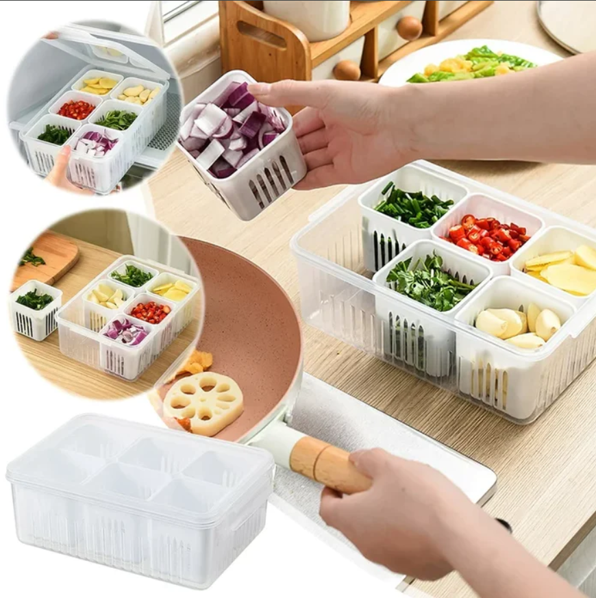 6 Grid Vegetable & Fruit Storage Box With Lid