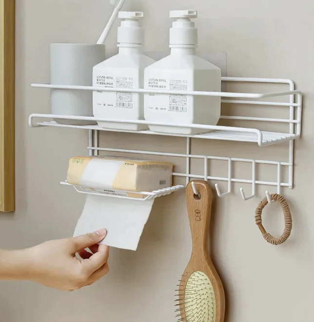 Bathroom Storage Shelf with Hooks and Soap Dish