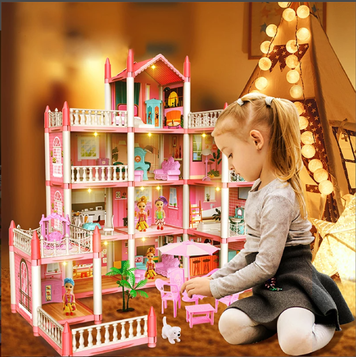 4 Storey Big Princess Dream Villa Dollhouse with FREE Dolls and Lights