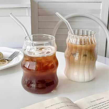 Chic Wave Shape Glass Cup with Bamboo Lid & Straw