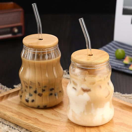 Chic Wave Shape Glass Cup with Bamboo Lid & Straw