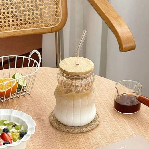 Chic Wave Shape Glass Cup with Bamboo Lid & Straw