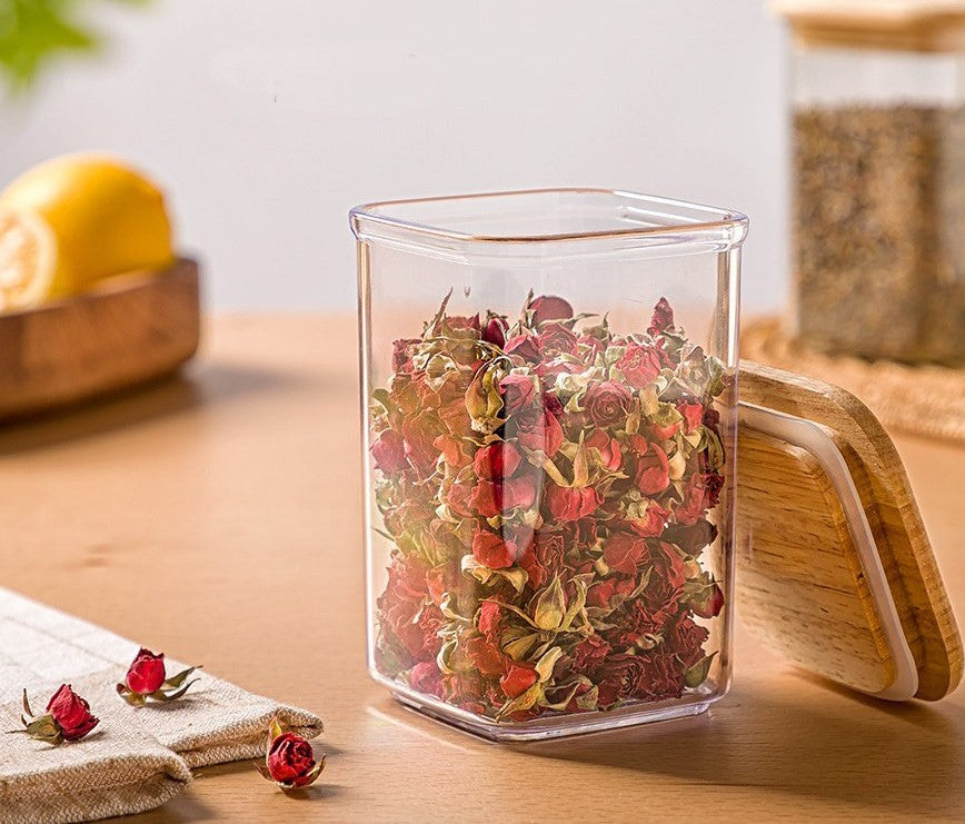 Acrylic Square Airtight Jar Canister With Wooden Lid