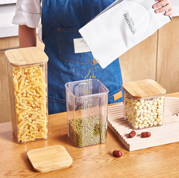 Acrylic Square Airtight Jar Canister With Wooden Lid