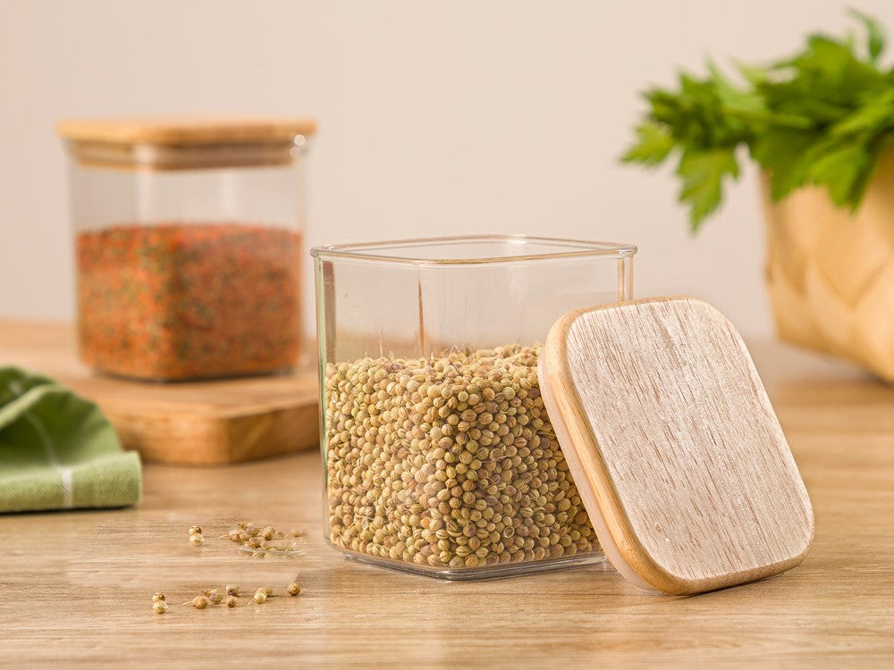 Acrylic Square Airtight Jar Canister With Wooden Lid