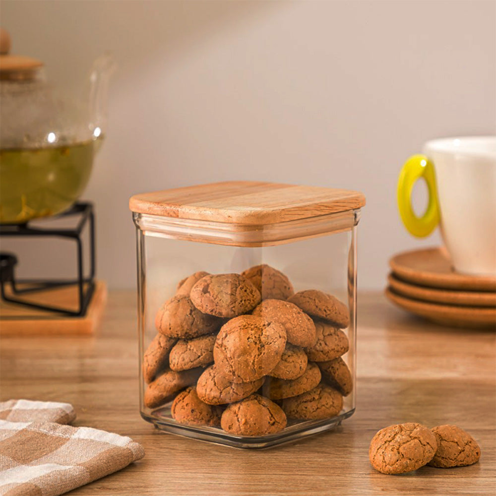 Acrylic Square Airtight Jar Canister With Wooden Lid