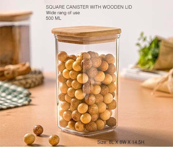 Acrylic Square Airtight Jar Canister With Wooden Lid